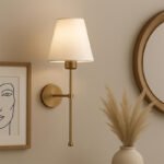 Απλίκα τοίχου Verma Megapap E27 υφασμάτινη - μεταλλική χρώμα χρυσό - κρεμ 13x13x50εκ. - Image 2