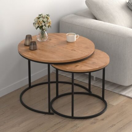 Βρες το Τραπεζάκι σαλονιού σετ 2 τμχ Hilal Megapap χρώμα pine oak Ø66x49