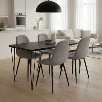 Βρες το Σετ τραπεζαρία 5τμχ Roger - Iris Megapap Mdf - ύφασμα χρώμα μαύρο εφέ μαρμάρου - ανοιχτό μπεζ 120x70x75εκ. σε μοναδική τιμή στο clickforshop.gr