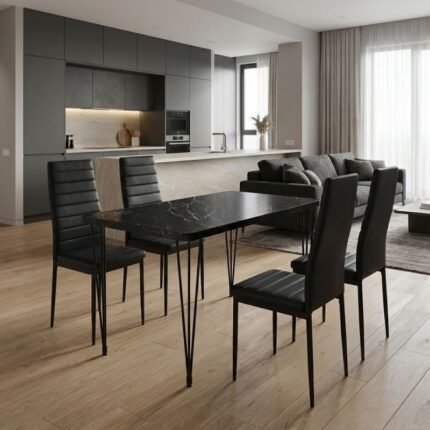 Βρες το Σετ τραπεζαρία 5τμχ Roger - Rosa Megapap Mdf - PU χρώμα μαύρο εφέ μαρμάρου - μαύρο 120x70x75εκ. σε μοναδική τιμή στο clickforshop.gr