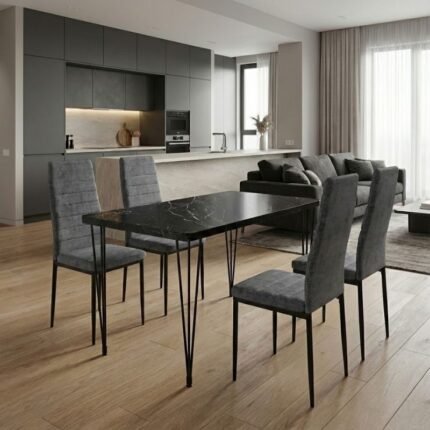 Βρες το Σετ τραπεζαρία 5τμχ Roger - Rosa Megapap Mdf - ύφασμα χρώμα μαύρο εφέ μαρμάρου - γκρι 120x70x75εκ. σε μοναδική τιμή στο clickforshop.gr