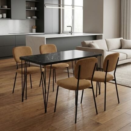 Βρες το Σετ τραπεζαρία 5τμχ Roger - Kevin Megapap Mdf - ύφασμα χρώμα μαύρο εφέ μαρμάρου - μουσταρδί 120x70x75εκ. σε μοναδική τιμή στο clickforshop.gr