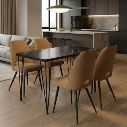 Βρες το Σετ τραπεζαρία 5τμχ Roger - Christy Megapap Mdf - ύφασμα χρώμα μαύρο εφέ μαρμάρου - μουσταρδί 120x70x75εκ. σε μοναδική τιμή στο clickforshop.gr