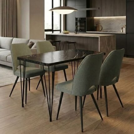 Βρες το Σετ τραπεζαρία 5τμχ Roger - Christy Megapap Mdf - ύφασμα χρώμα μαύρο εφέ μαρμάρου - λαδί 120x70x75εκ. σε μοναδική τιμή στο clickforshop.gr