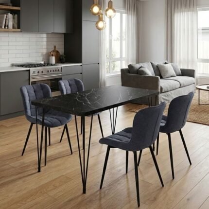 Βρες το Σετ τραπεζαρία 5τμχ Roger - Chiara Megapap Mdf - ύφασμα χρώμα μαύρο εφέ μαρμάρου - ανθρακί 120x70x75εκ. σε μοναδική τιμή στο clickforshop.gr