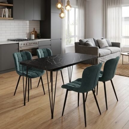 Βρες το Σετ τραπεζαρία 5τμχ Roger - Chiara Megapap Mdf - ύφασμα χρώμα μαύρο εφέ μαρμάρου - πράσινο 120x70x75εκ. σε μοναδική τιμή στο clickforshop.gr