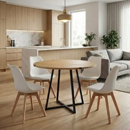 Βρες το Σετ τραπεζαρία 5τμχ Rubes - Viva Megapap χρώμα φυσικό οξιάς - λευκό Ø100x78εκ. σε μοναδική τιμή στο clickforshop.gr