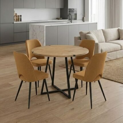 Βρες το Σετ τραπεζαρία 5τμχ Rubes - Christy Megapap χρώμα φυσικό οξιάς - μουσταρδί Ø100x78εκ. σε μοναδική τιμή στο clickforshop.gr