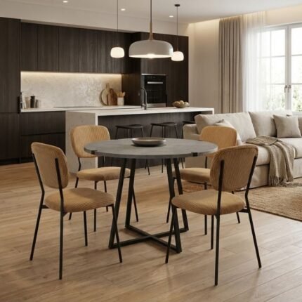 Βρες το Σετ τραπεζαρία 5τμχ Rubes - Kevin Megapap χρώμα γκρι σκυροδέματος - μουσταρδί Ø100x78εκ. σε μοναδική τιμή στο clickforshop.gr