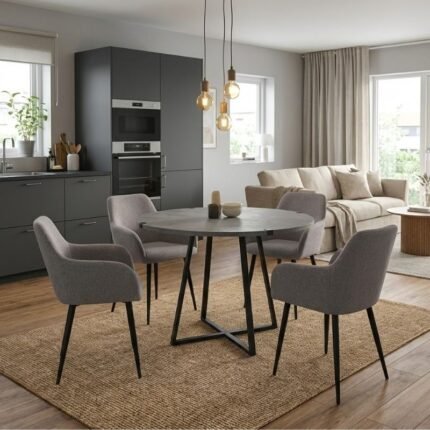 Βρες το Σετ τραπεζαρία 5τμχ Rubes - Monica Megapap χρώμα γκρι σκυροδέματος - ανοιχτό μπεζ Ø100x78εκ. σε μοναδική τιμή στο clickforshop.gr