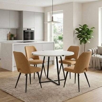 Βρες το Σετ τραπεζαρία 5τμχ Rubes - Christy Megapap χρώμα λευκό - μουσταρδί Ø100x78εκ. σε μοναδική τιμή στο clickforshop.gr