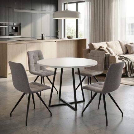 Βρες το Σετ τραπεζαρία 5τμχ Rubes - Bianca Megapap χρώμα λευκό - ανοιχτό μπεζ Ø100x78εκ. σε μοναδική τιμή στο clickforshop.gr