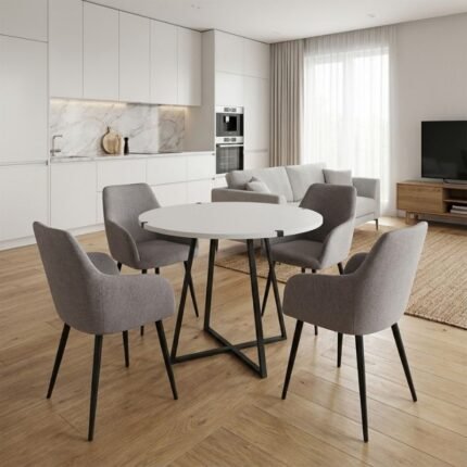 Βρες το Σετ τραπεζαρία 5τμχ Rubes - Monica Megapap χρώμα λευκό - ανοιχτό μπεζ Ø100x78εκ. σε μοναδική τιμή στο clickforshop.gr