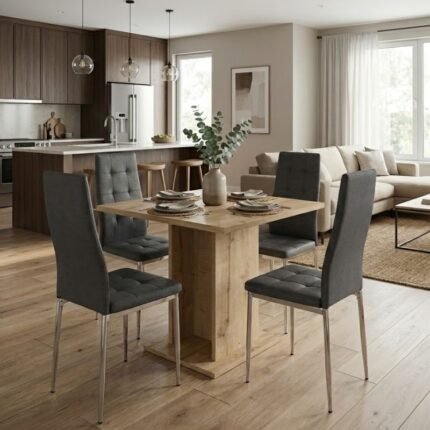 Βρες το Σετ τραπεζαρία 5τμχ Allos - Rosa Megapap χρώμα sapphire oak - γκρι/χρωμίου πόδι 75x75x77εκ. σε μοναδική τιμή στο clickforshop.gr