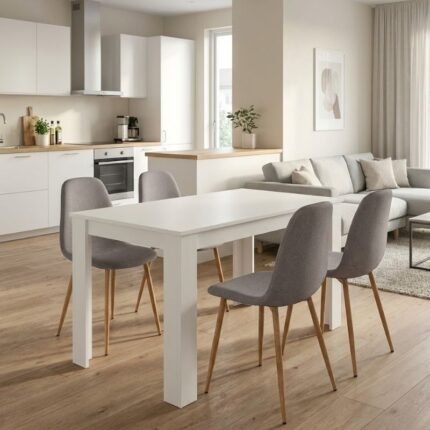 Βρες το Σετ τραπεζαρία 5τμχ Darlen - Iris Megapap χρώμα λευκό - ανοιχτό μπεζ/φυσικό πόδι 125x72x74εκ. σε μοναδική τιμή στο clickforshop.gr