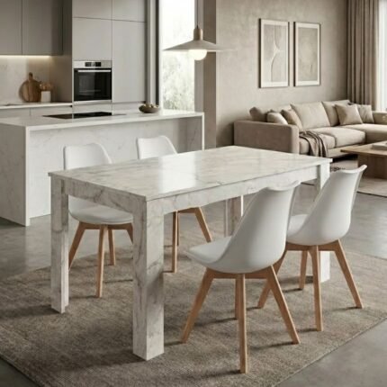 Βρες το Σετ τραπεζαρία 5τμχ Darlen - Viva Megapap χρώμα λευκό εφέ μαρμάρου - λευκό/φυσικό πόδι 125x72x74εκ. σε μοναδική τιμή στο clickforshop.gr