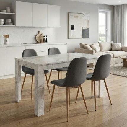 Βρες το Σετ τραπεζαρία 5τμχ Darlen - Iris Megapap χρώμα λευκό εφέ μαρμάρου - γκρι/φυσικό πόδι 125x72x74εκ. σε μοναδική τιμή στο clickforshop.gr