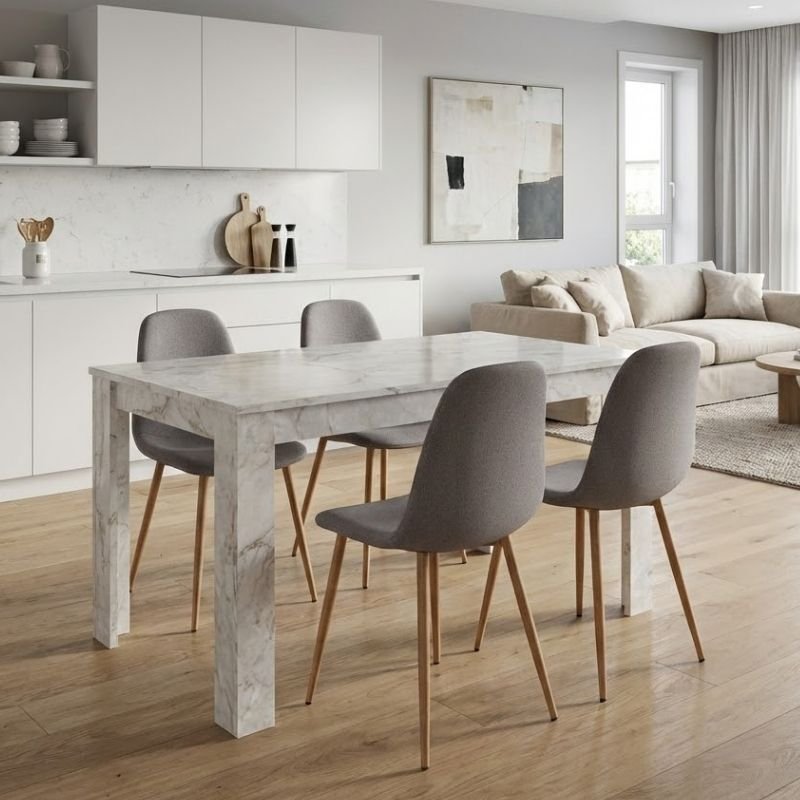 Σετ τραπεζαρία 5τμχ Darlen - Iris Megapap χρώμα λευκό εφέ μαρμάρου - ανοιχτό μπεζ/φυσικό πόδι 125x72x74εκ. Βρες το Σετ τραπεζαρία 5τμχ Darlen - Iris Megapap χρώμα λευκό εφέ μαρμάρου - ανοιχτό μπεζ/φυσικό πόδι 125x72x74εκ. σε μοναδική τιμή στο clickforshop.gr