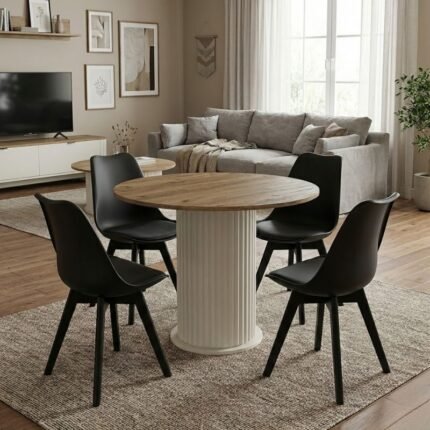 Βρες το Σετ τραπεζαρία 5τμχ Bohema - Viva Megapap χρώμα ivory/sepet oak - μαύρο Ø90x77