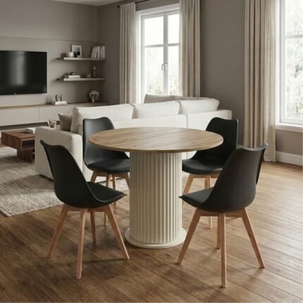 Βρες το Σετ τραπεζαρία 5τμχ Bohema - Viva Megapap χρώμα ivory/sepet oak - μαύρο/φυσικό πόδι Ø90x77