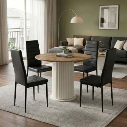 Βρες το Σετ τραπεζαρία 5τμχ Bohema - Rosa Megapap χρώμα ivory/sepet oak - μαύρο Ø90x77