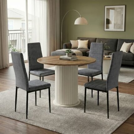 Βρες το Σετ τραπεζαρία 5τμχ Bohema - Rosa Megapap χρώμα ivory/sepet oak - γκρι Ø90x77