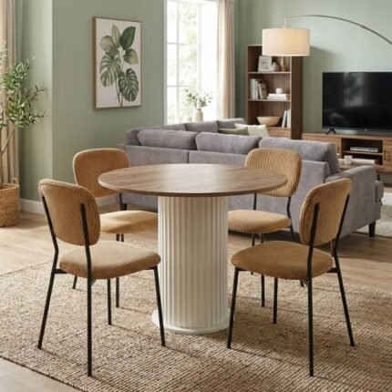 Βρες το Σετ τραπεζαρία 5τμχ Bohema - Kevin Megapap χρώμα ivory/sepet oak - μουσταρδί Ø90x77