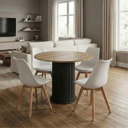 Βρες το Σετ τραπεζαρία 5τμχ Bohema - Viva Megapap χρώμα μαύρο/sepet oak - λευκό/φυσικό πόδι Ø90x77