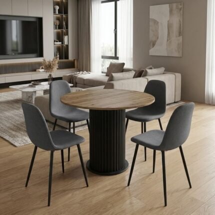 Βρες το Σετ τραπεζαρία 5τμχ Bohema - Iris Megapap χρώμα μαύρο/sepet oak - γκρι Ø90x77