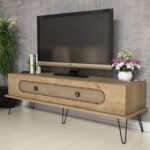 ΕΠΙΠΛΟ ΤΗΛΕΟΡΑΣΗΣ HM9511.02 ΜΕΛΑΜΙΝΗΣ ΦΥΣΙΚΟ OAK ΧΡΩΜΑ ΜΕΤΑΛΛΙΚΑ ΠΟΔΙΑ 145x40x45Yεκ. - Image 3