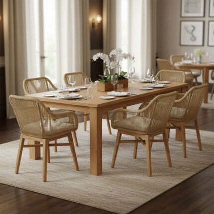 Βρες το Τραπεζαρία Kalie-Wooly pakoworld σετ 7τεμ σε φυσική-μπεζ απόχρωση 220x90x75εκ σε μοναδική τιμή στο clickforshop.gr