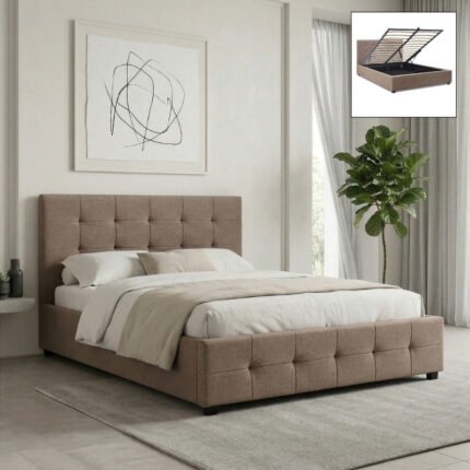 Βρες το Κρεβάτι Iro Megapap υφασμάτινο με αποθηκευτικό χώρο χρώμα μπεζ - καφέ 150x200εκ. σε μοναδική τιμή στο clickforshop.gr