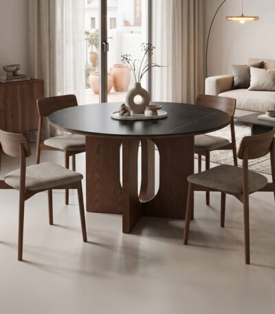 Βρες το Τραπέζι Merge pakoworld sintered stone-mdf σε μαύρο μαρμάρου με καρυδί βάση Φ130x75εκ σε μοναδική τιμή στο clickforshop.gr