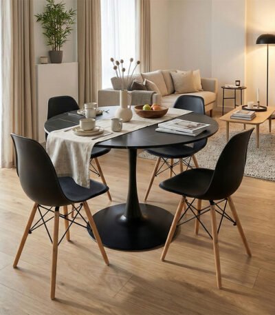Βρες το Τραπεζαρία Julita-Balou σετ 5τεμ pakoworld MDF-PP σε μαύρο-φυσικό απόχρωση Φ120x73εκ σε μοναδική τιμή στο clickforshop.gr