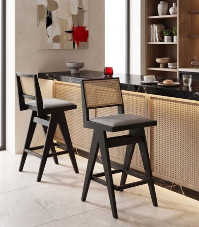 Βρες το Σκαμπό bar Winslow pakoworld ξύλο rubberwood μαύρο-pvc rattan φυσικό-ύφασμα γκρι 44.5x46x98εκ σε μοναδική τιμή στο clickforshop.gr