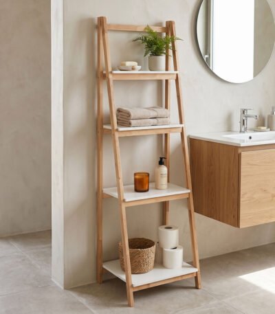 Βρες το Ραφιέρα δαπέδου Benwen pakoworld πτυσσόμενη rubberwood-mdf σε λευκή-φυσική απόχρωση 42x34.5x140εκ σε μοναδική τιμή στο clickforshop.gr